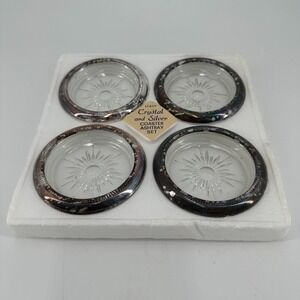 Vintage Leonard Italy Crystal & Silver Coaster / Ashtray Set of 4